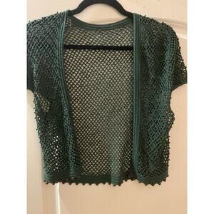 Sweater bolero crochet shrug med 19”long green with dark wood beads- size Med